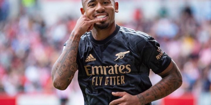 Gabriel Jesus celebrating his goal for Arsenal in the team's black away jersey