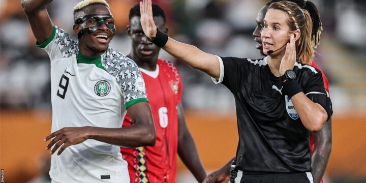 Moroccan referee Bouchra Karboubi took charge of the Group A match between Nigeria and Guinea-Bissau at Afcon 2023 as part of an all-female officiating team

