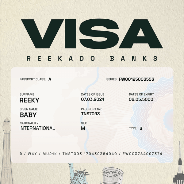 The image is a cover art for a song titled Visa by Reekado Banks designed to mimic a visa document. At the top, 